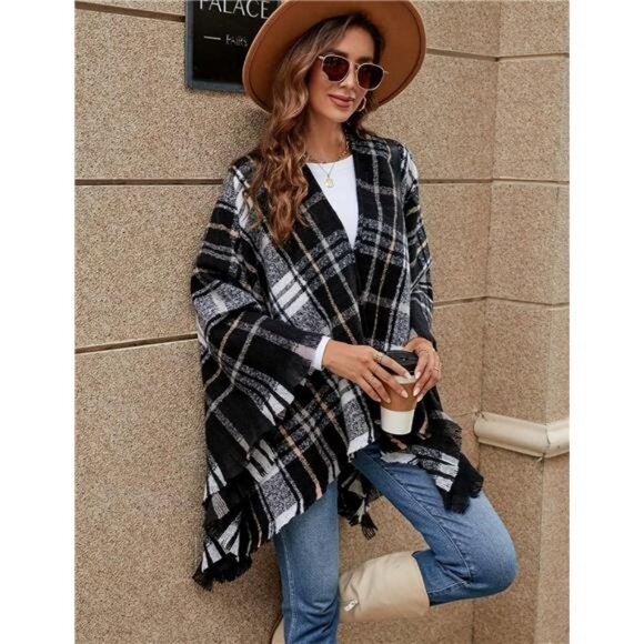 Women Boho Buffalo Plaid Poncho Pashmina Shawl Wrap Cape Sweater Knitting - Picture 4 of 6